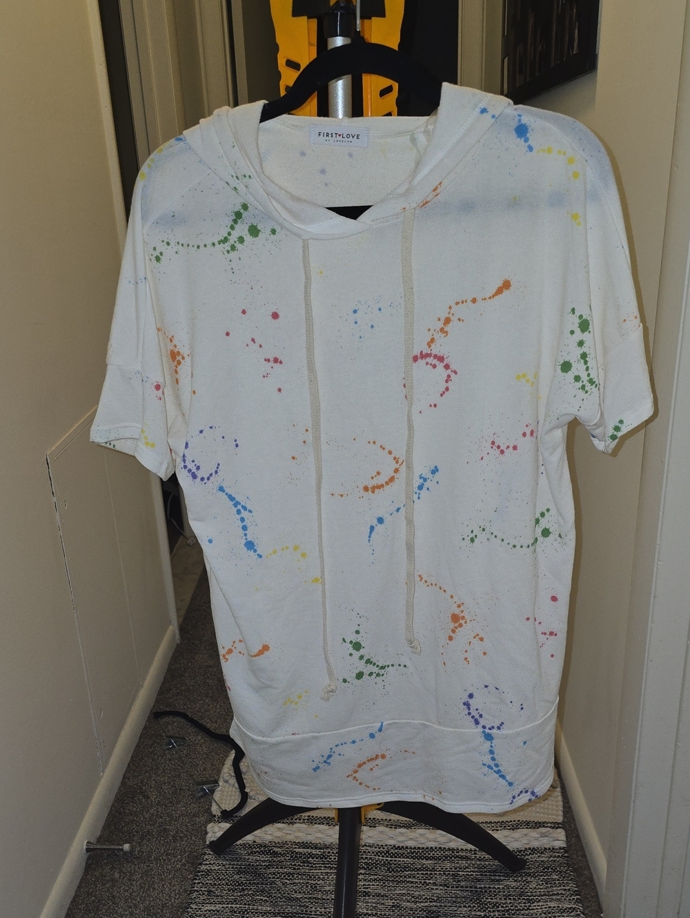 NWOT First Love White Short-Sleeve Hoodie with Multicolor Paint Splatter
